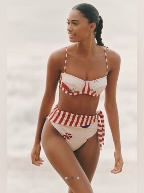 NWT retail $186 #FarmRio Red & White Striped High-Waist Bikini Set XS